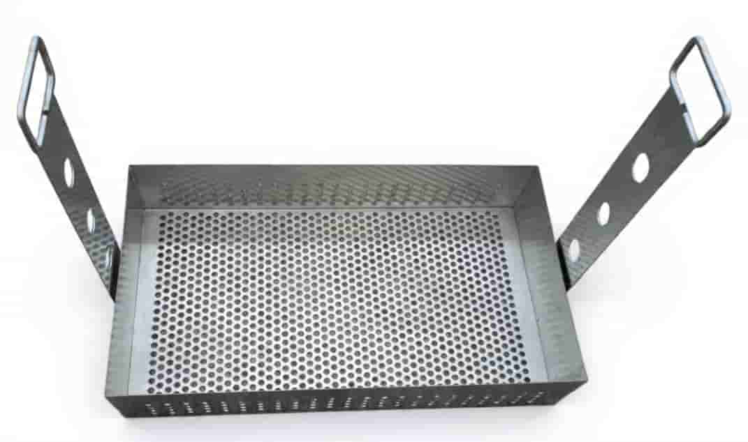 Perforated stainless-steel tray with side handles, 400×300 mm